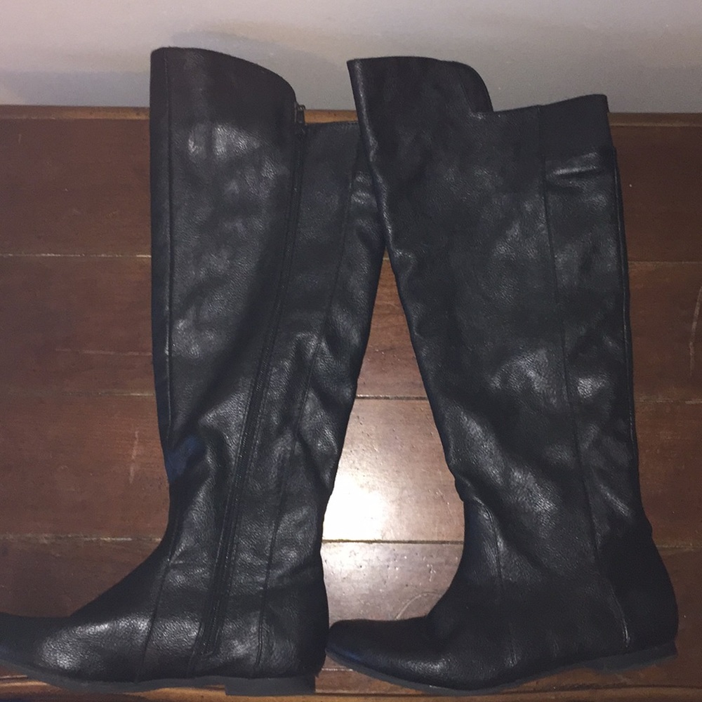 Black faux leather knee high boots